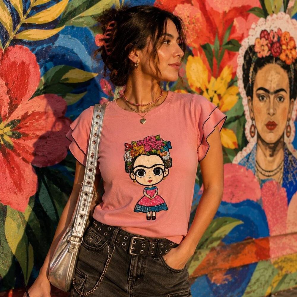 NWT MiaoMiao Frida Kahlo Embellished Flutter Sleeve Top Pink L